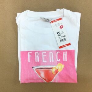 New Wildfox Women's Short Sleeve White / Pink French Martini Graphic  Tee Shirt